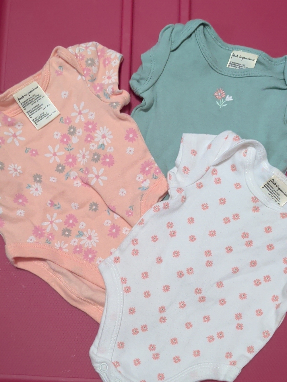First Impressions Peach, Mint & White Floral Baby Bodysuit Trio